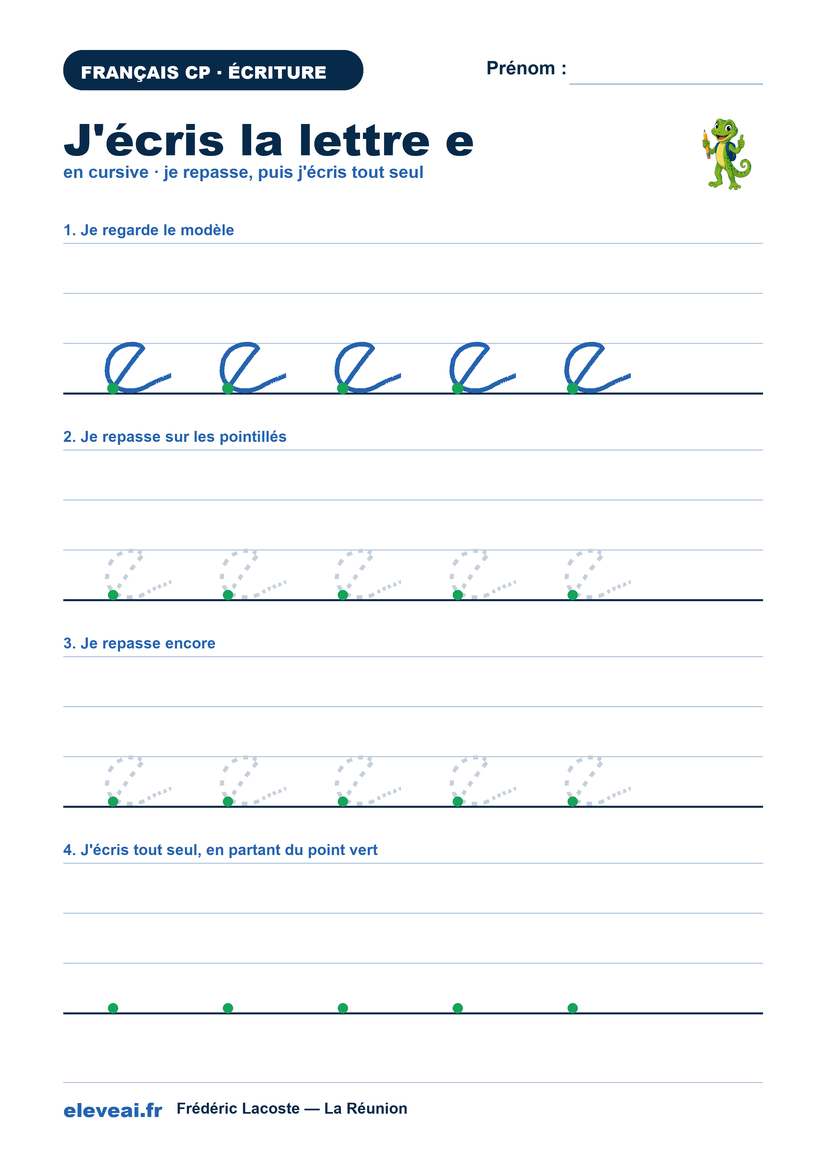 La fiche d'écriture de la lettre e en cursive